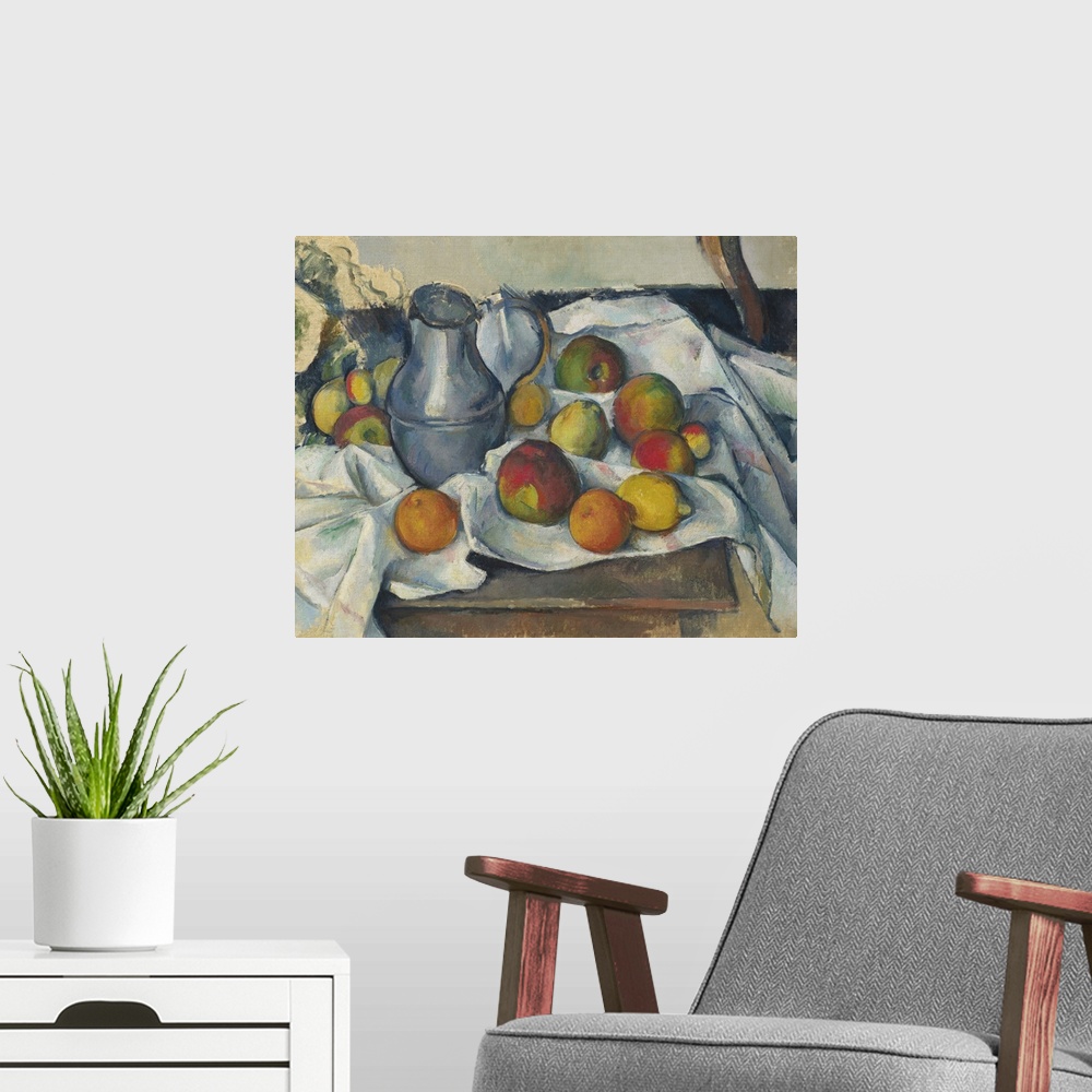 A modern room featuring A classic masterpiece by one of the leading French impressionist painters featuring a pewter jug ...