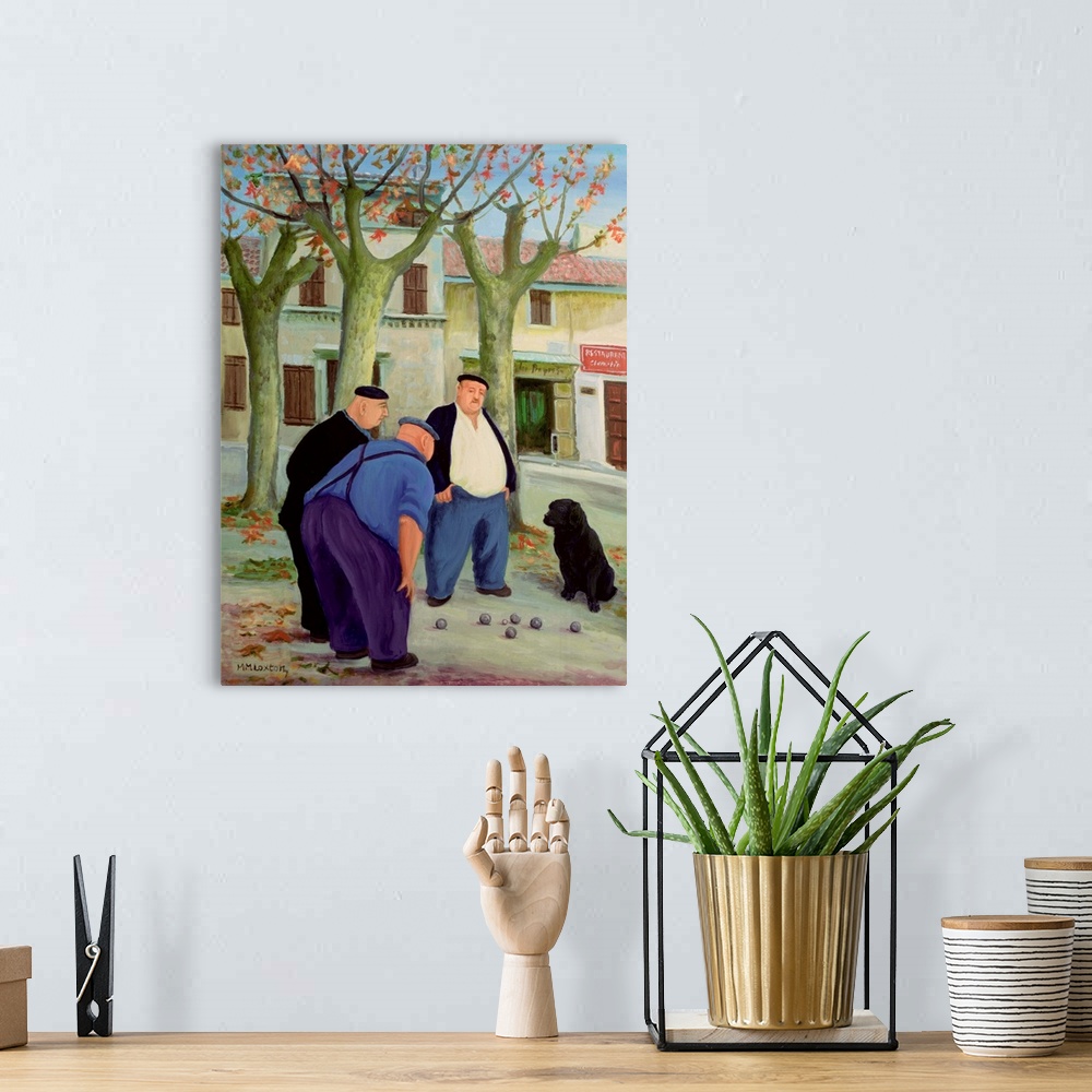 A bohemian room featuring Contemporary painting of people playing boules in a town in France.