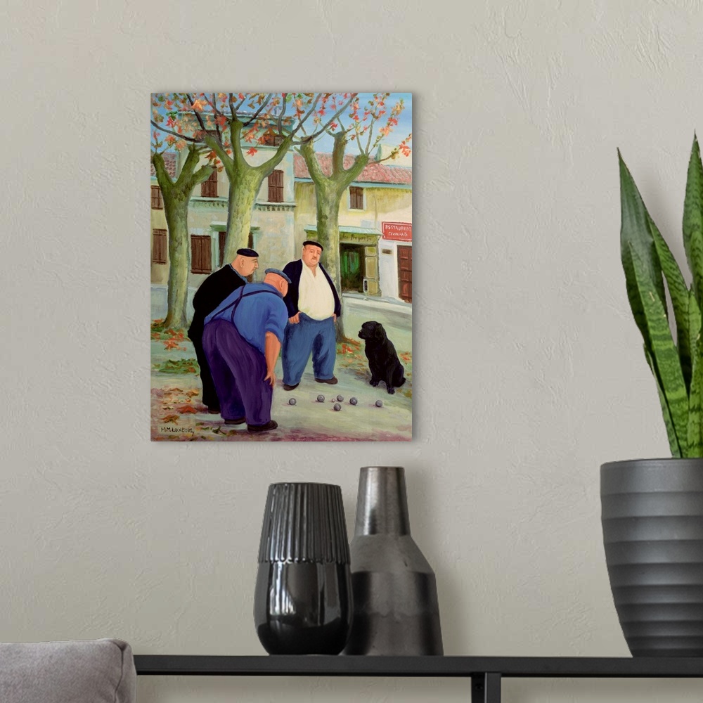 A modern room featuring Contemporary painting of people playing boules in a town in France.