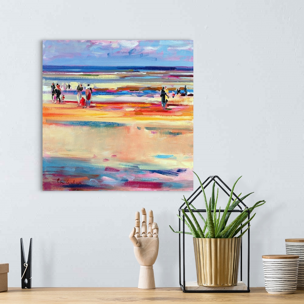 A bohemian room featuring This contemporary abstract painting shows beach goers strolling up and down the shore of the seas...