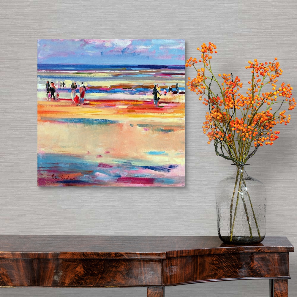 A traditional room featuring This contemporary abstract painting shows beach goers strolling up and down the shore of the seas...