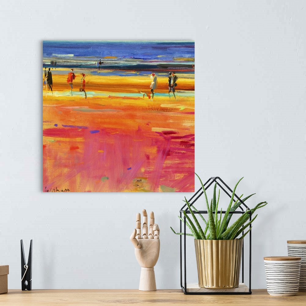 A bohemian room featuring Square abstract painting of people walking on a beach with the ocean in a distance.