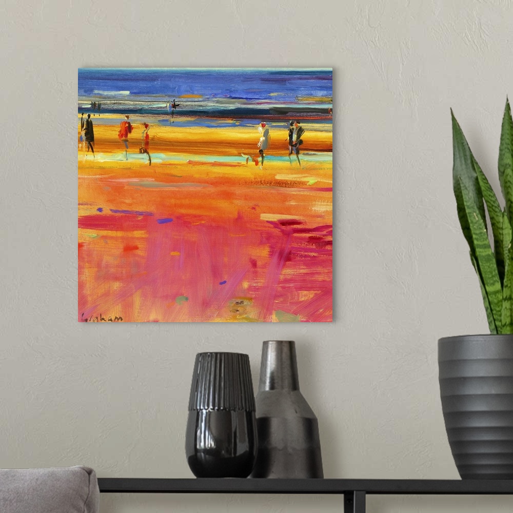 A modern room featuring Square abstract painting of people walking on a beach with the ocean in a distance.