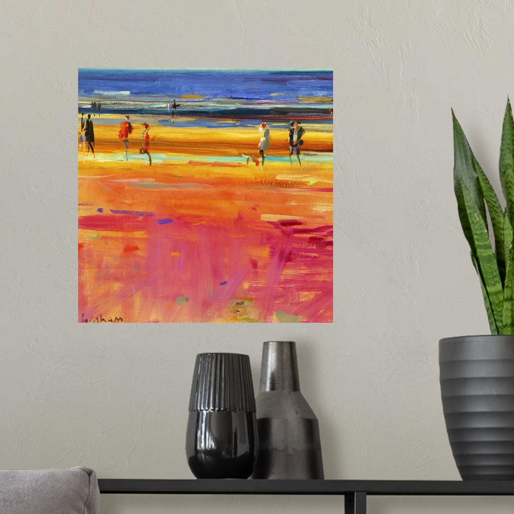 A modern room featuring Square abstract painting of people walking on a beach with the ocean in a distance.