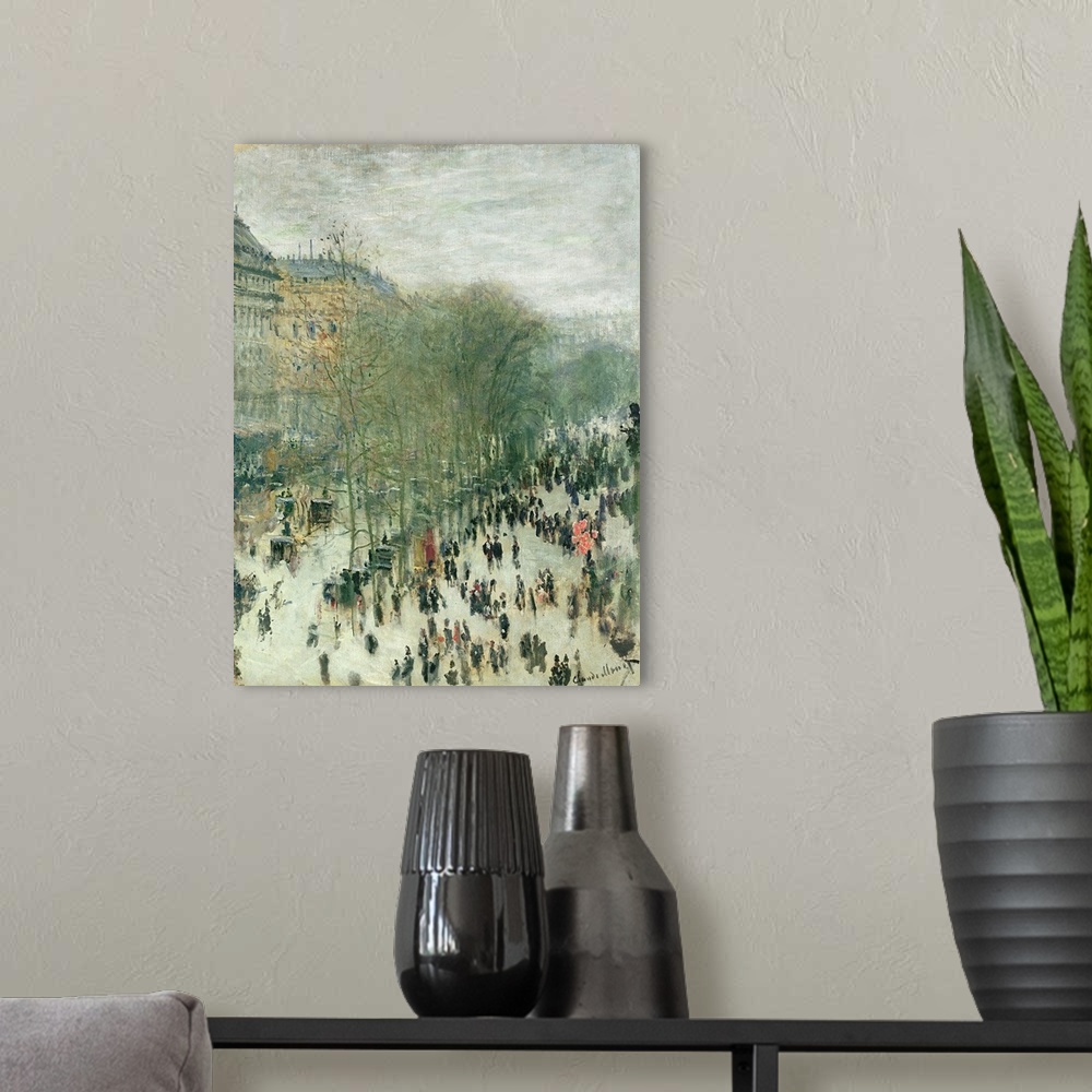 A modern room featuring Large painting of the Boulevard des Capucines on a cloudy day.