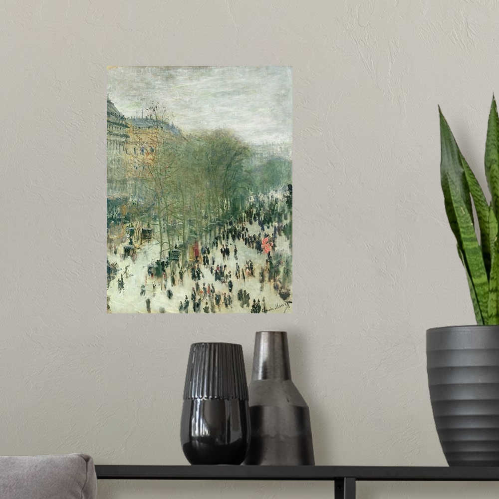 A modern room featuring Large painting of the Boulevard des Capucines on a cloudy day.