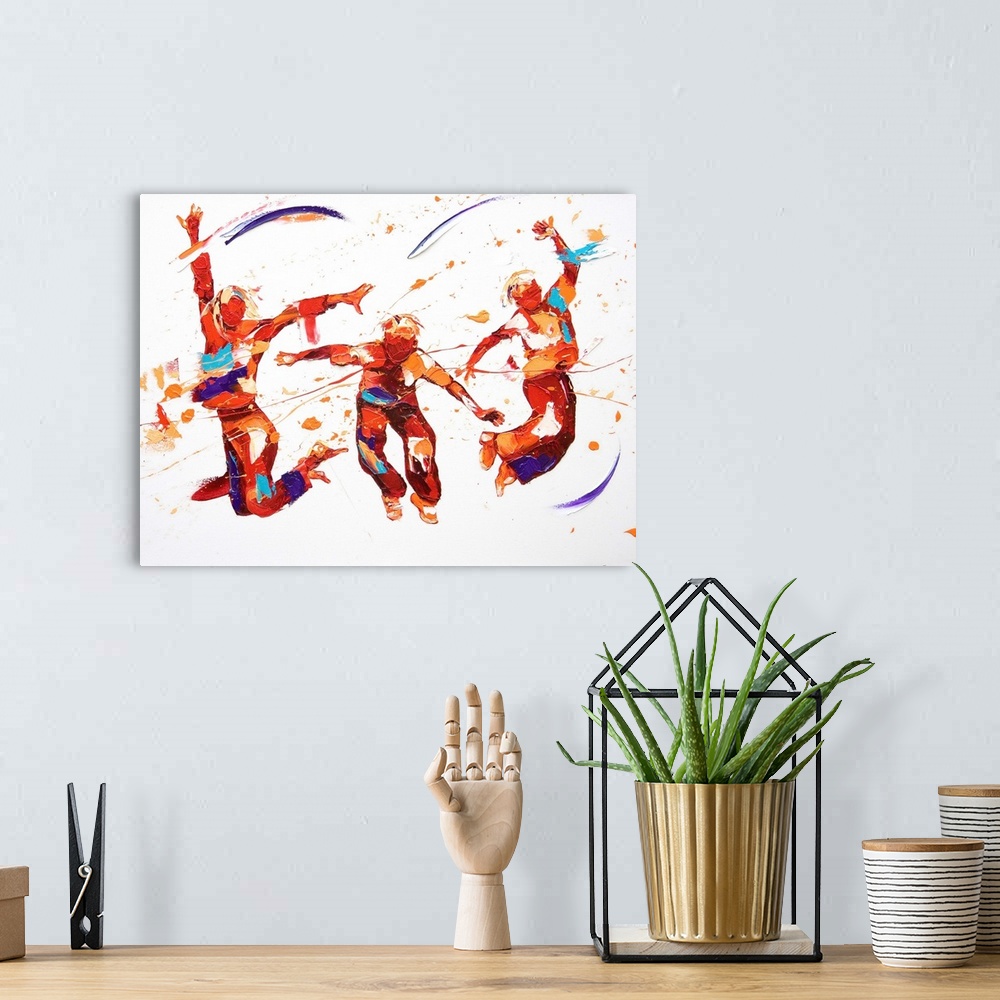 A bohemian room featuring Contemporary painting of figures leaping into the air and dancing.
