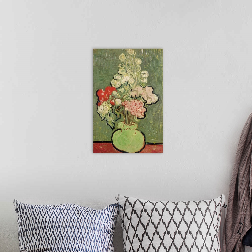 A bohemian room featuring Tall abstract painting of flowers in a vase with heavy brush stroke textures.