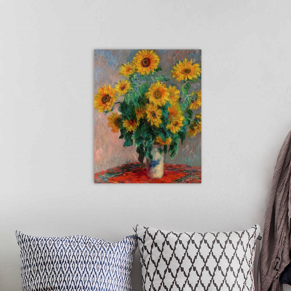 A bohemian room featuring Bouquet of Sunflowers, 1881, oil on canvas.  By Claude Monet (1840-1926).