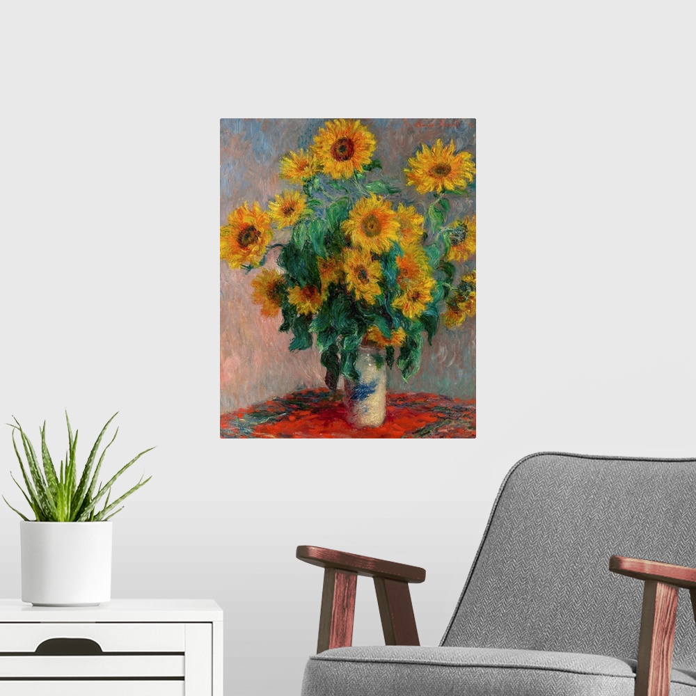 A modern room featuring Bouquet of Sunflowers, 1881, oil on canvas.  By Claude Monet (1840-1926).