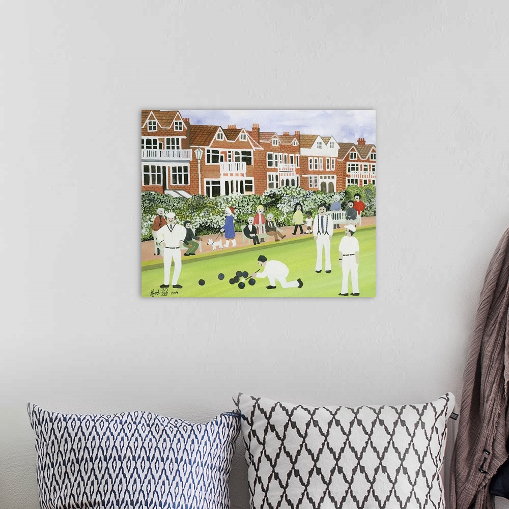 A bohemian room featuring Contemporary painting of a group of people playing boules in a park.