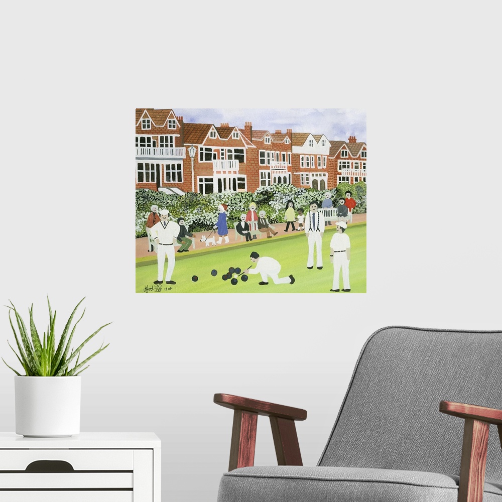 A modern room featuring Contemporary painting of a group of people playing boules in a park.