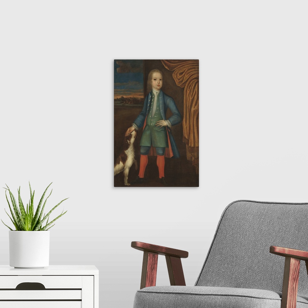 A modern room featuring Boy in Blue Coat, c. 1730, oil on canvas.  By American School.