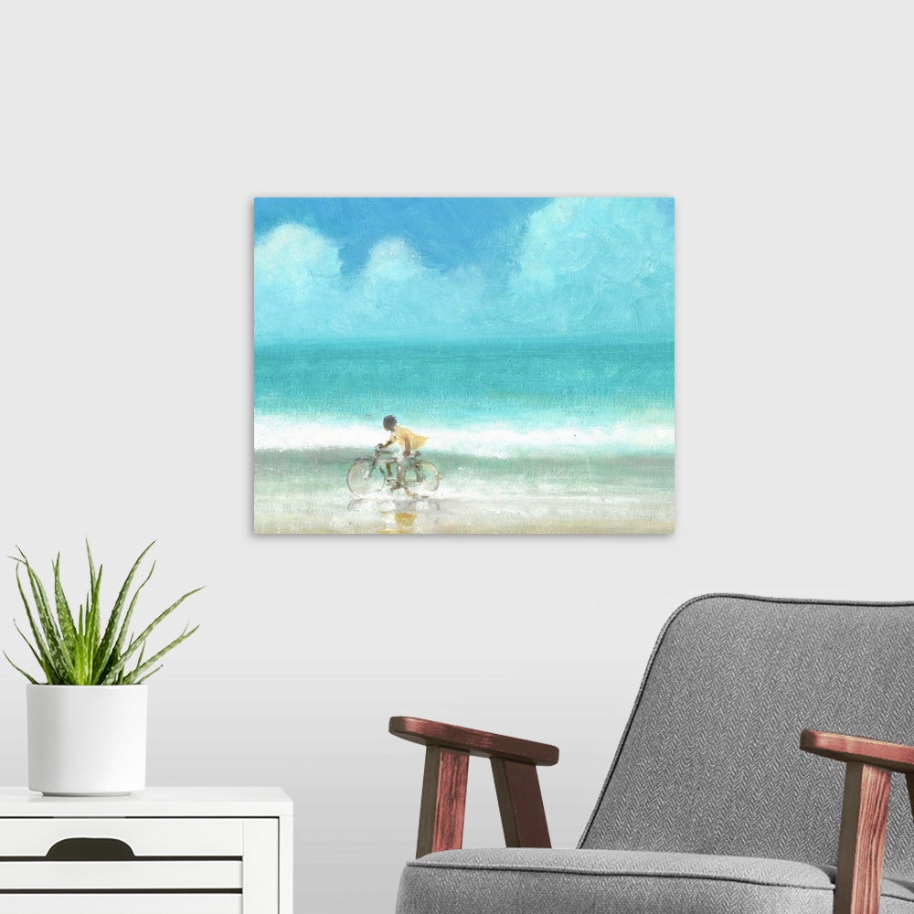 A modern room featuring Contemporary painting of a person riding a bicycle on a beach.