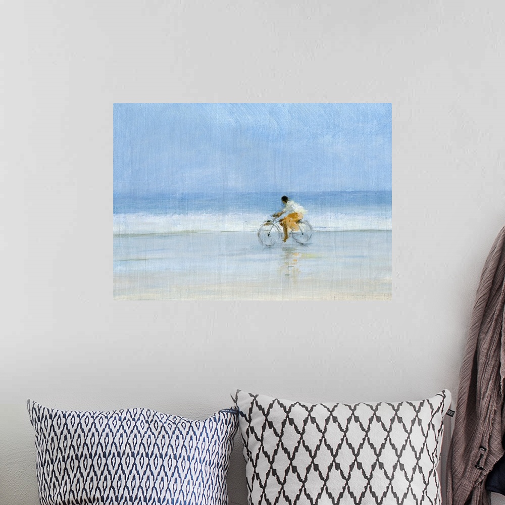 A bohemian room featuring Contemporary painting of a person riding a bicycle on a beach.