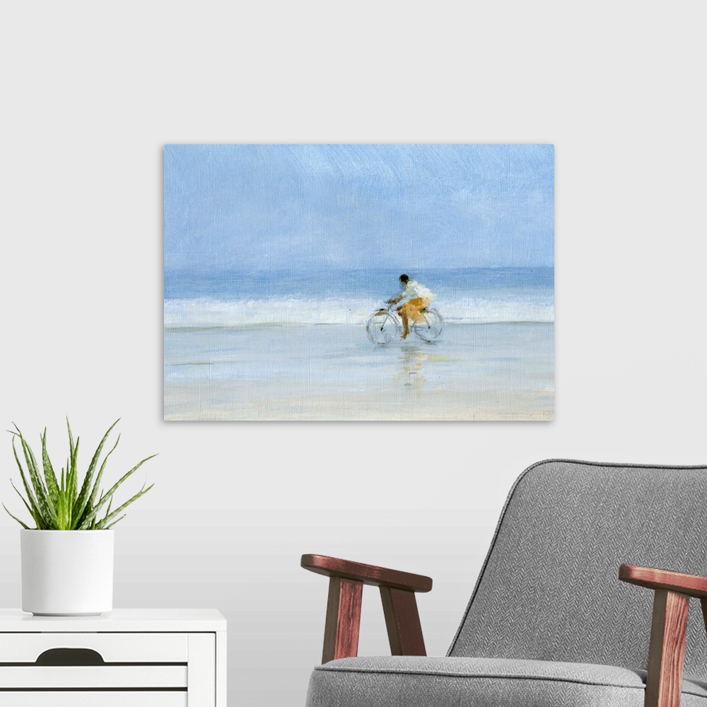 A modern room featuring Contemporary painting of a person riding a bicycle on a beach.