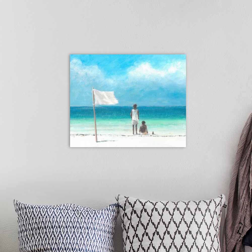 A bohemian room featuring Contemporary painting of two children on a beach with a white flag behind them.