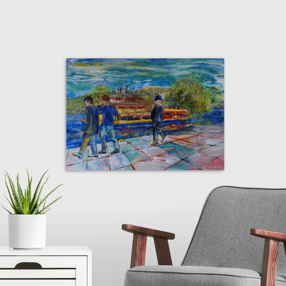 A modern room featuring Originally acrylic on paper.