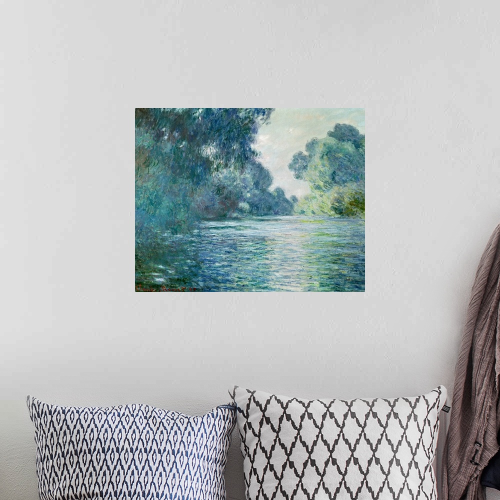 A bohemian room featuring Oil painting of river with large trees and bushes on both sides that are reflected in the stream ...