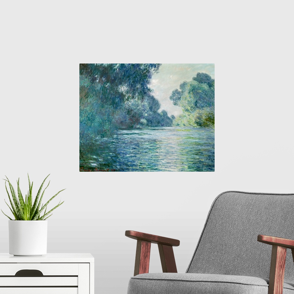 A modern room featuring Oil painting of river with large trees and bushes on both sides that are reflected in the stream ...