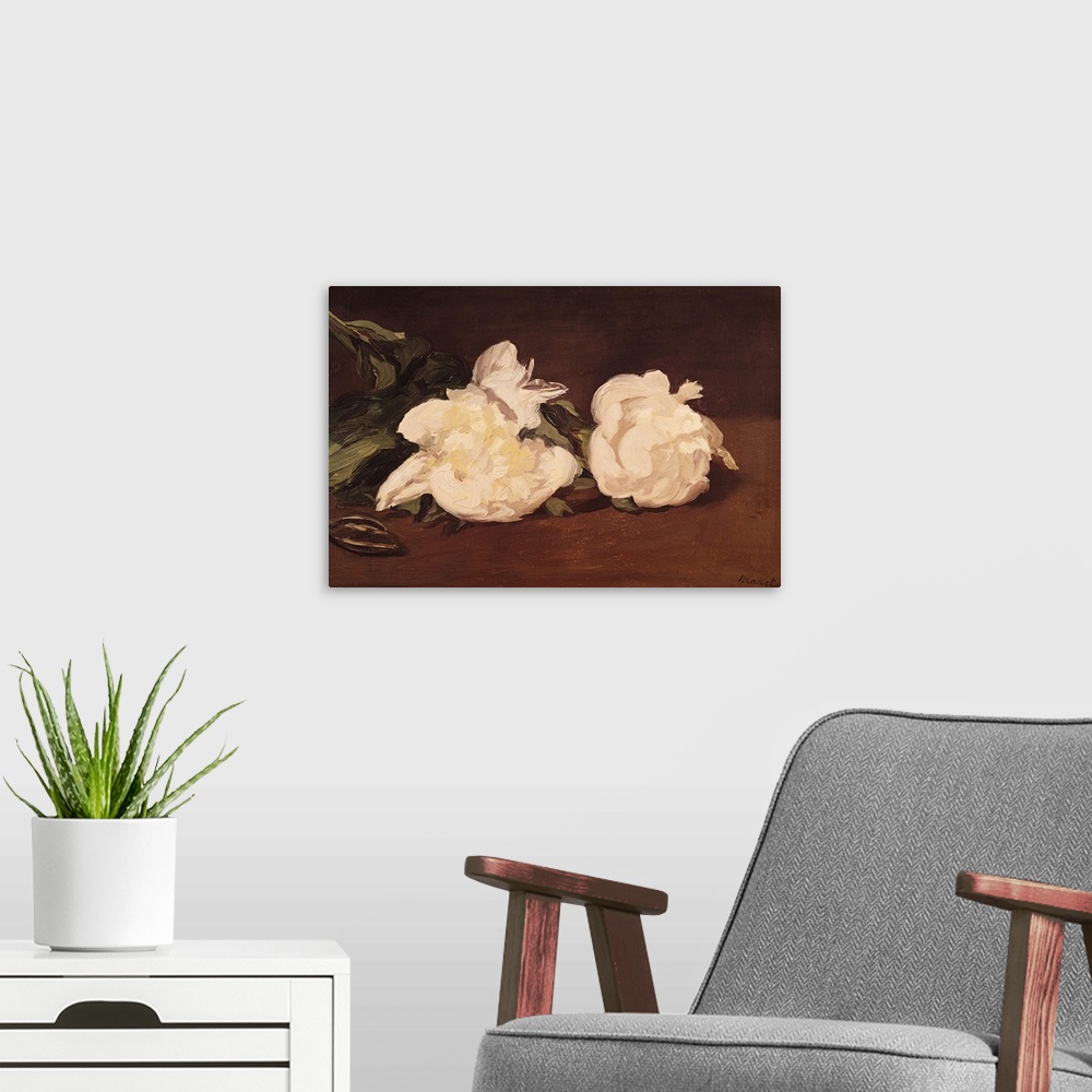 A modern room featuring Oil painting of two pastel colored flowers and their leaves scattered on a table.