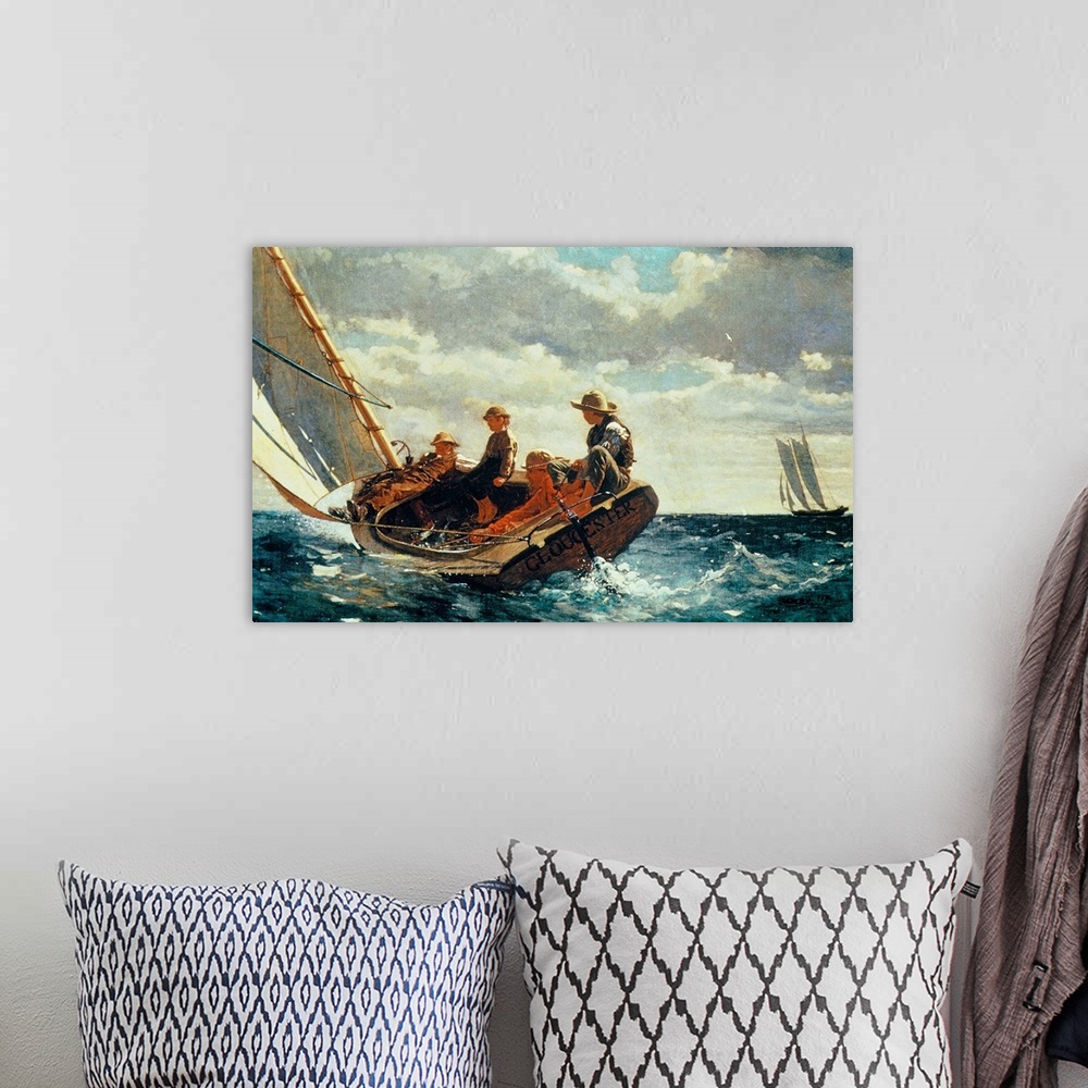 A bohemian room featuring Horizontal, large classic art painting of four people on a sailboat that is nearly tipping into r...