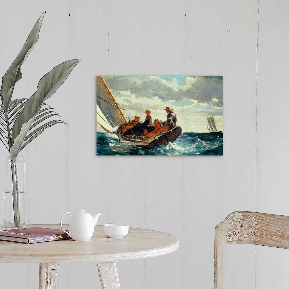 A farmhouse room featuring Horizontal, large classic art painting of four people on a sailboat that is nearly tipping into r...