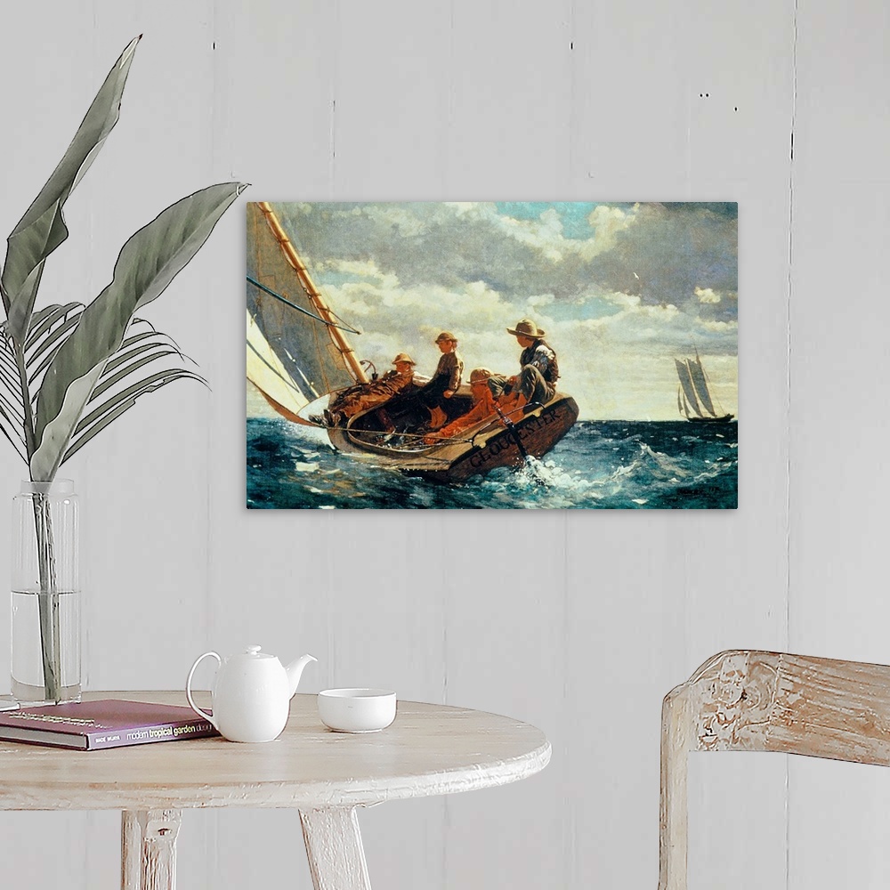A farmhouse room featuring Horizontal, large classic art painting of four people on a sailboat that is nearly tipping into r...