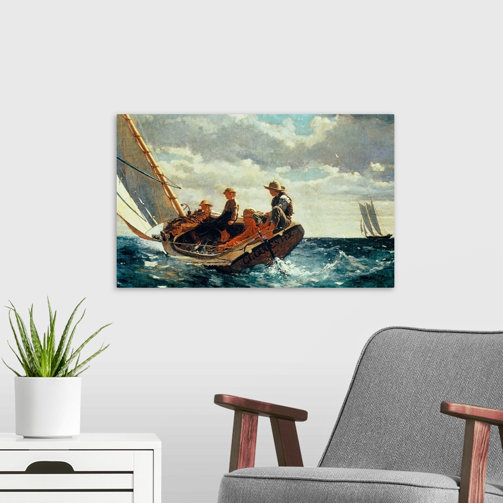 A modern room featuring Horizontal, large classic art painting of four people on a sailboat that is nearly tipping into r...