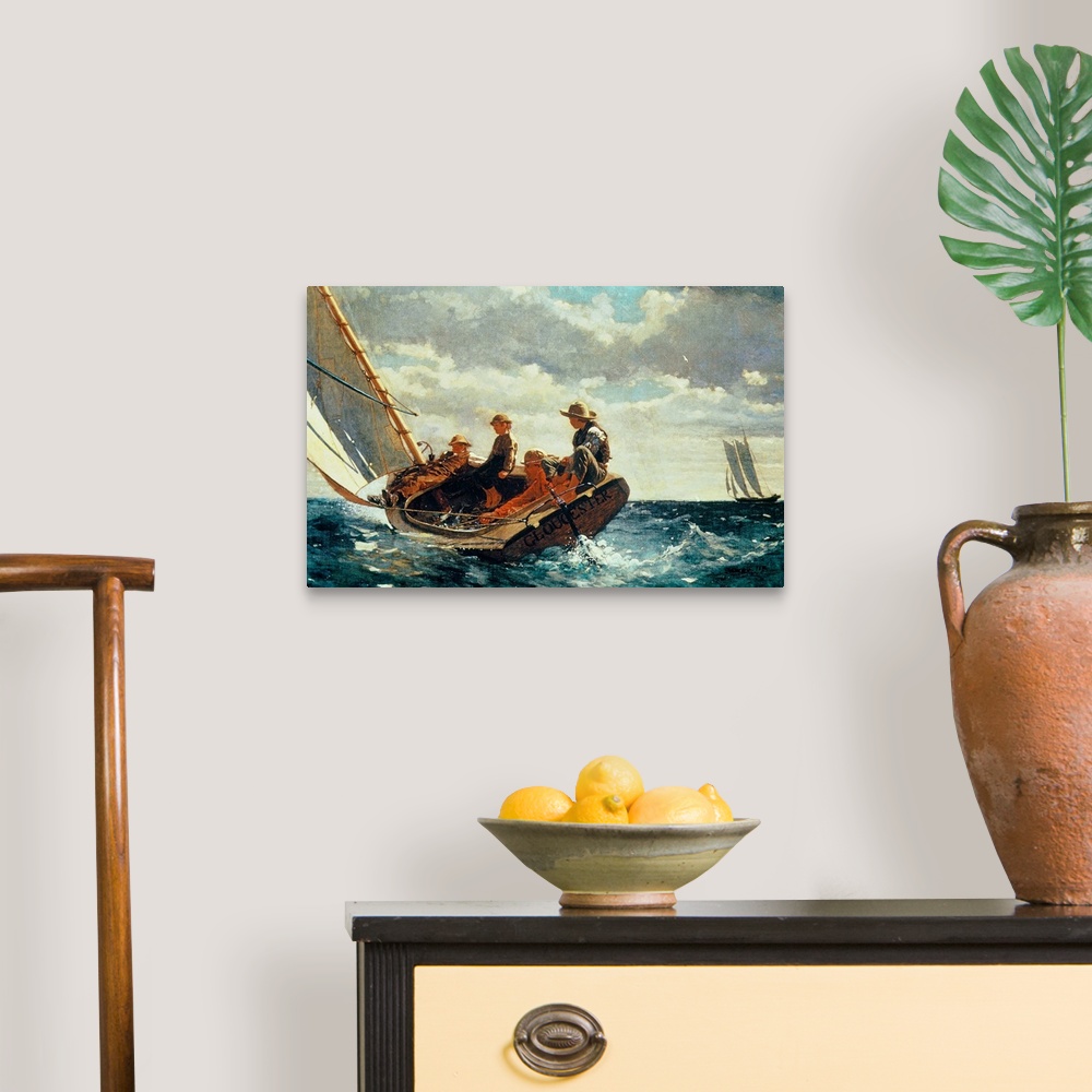 A traditional room featuring Horizontal, large classic art painting of four people on a sailboat that is nearly tipping into r...
