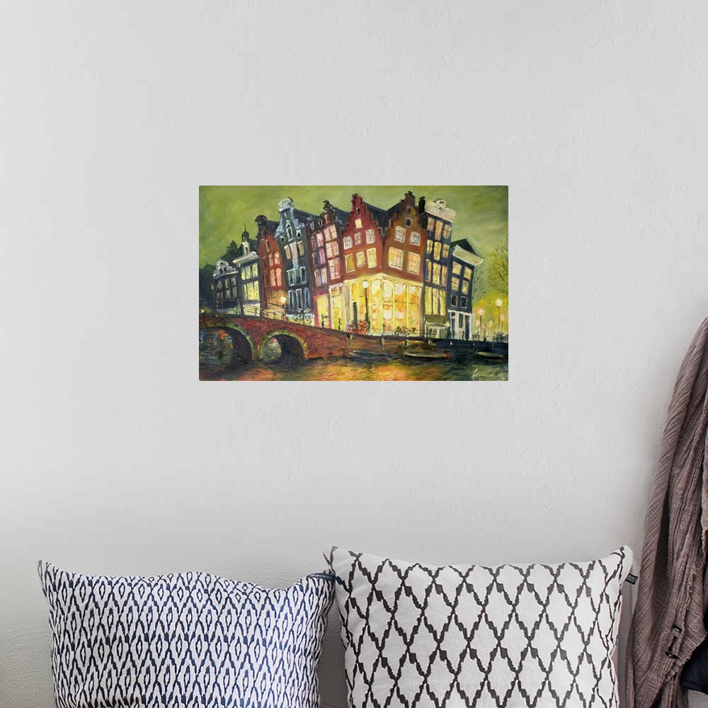A bohemian room featuring A contemporary landscape painting of historic buildings on a brightly lit street lined with bicyc...