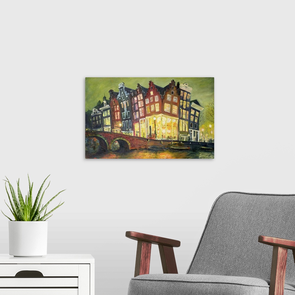 A modern room featuring A contemporary landscape painting of historic buildings on a brightly lit street lined with bicyc...
