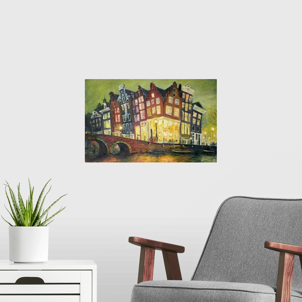 A modern room featuring A contemporary landscape painting of historic buildings on a brightly lit street lined with bicyc...