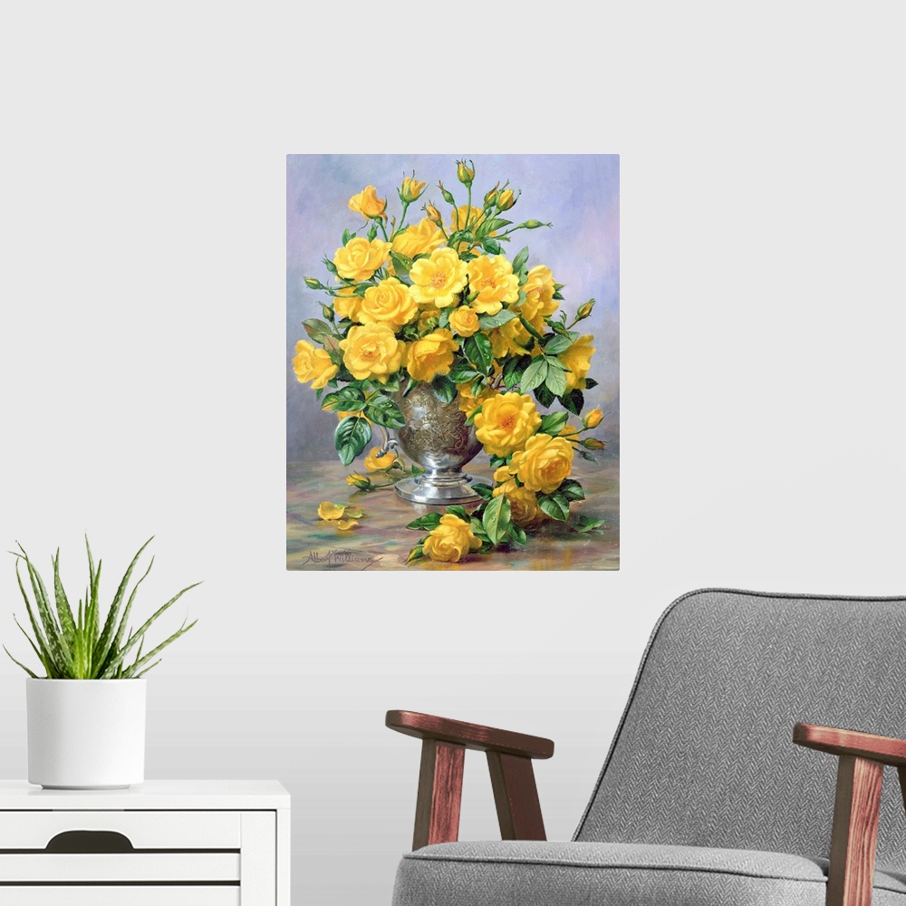 A modern room featuring Bright Smile - Roses in a Silver Vase
