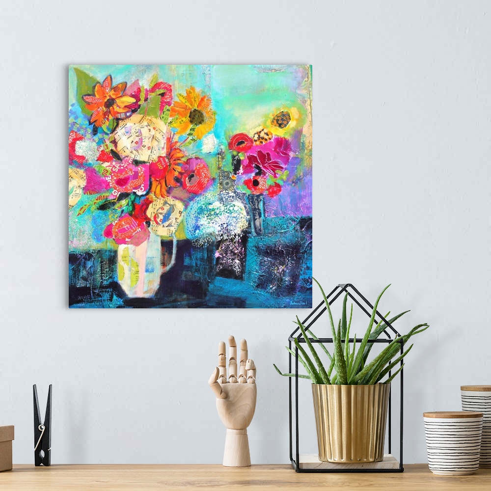 A bohemian room featuring Contemporary paining of a bouquet of flowers in a white vase.
