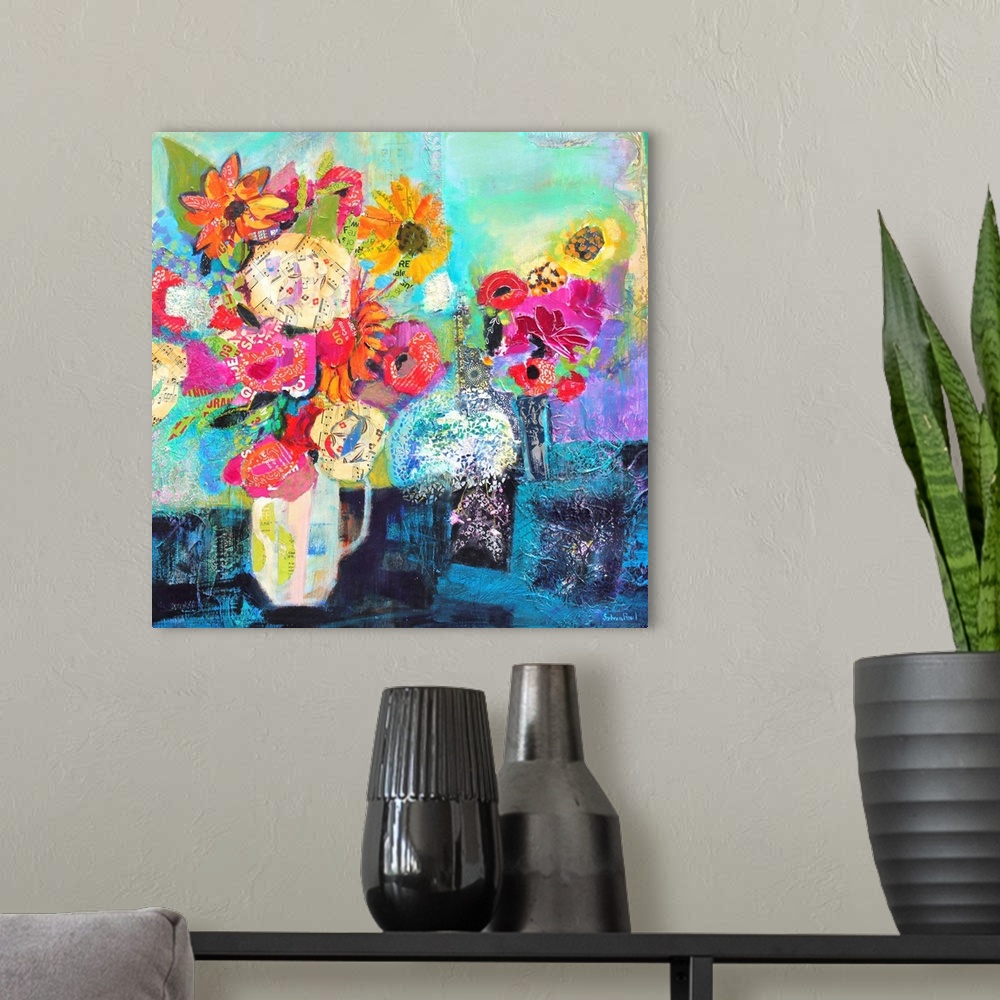 A modern room featuring Contemporary paining of a bouquet of flowers in a white vase.