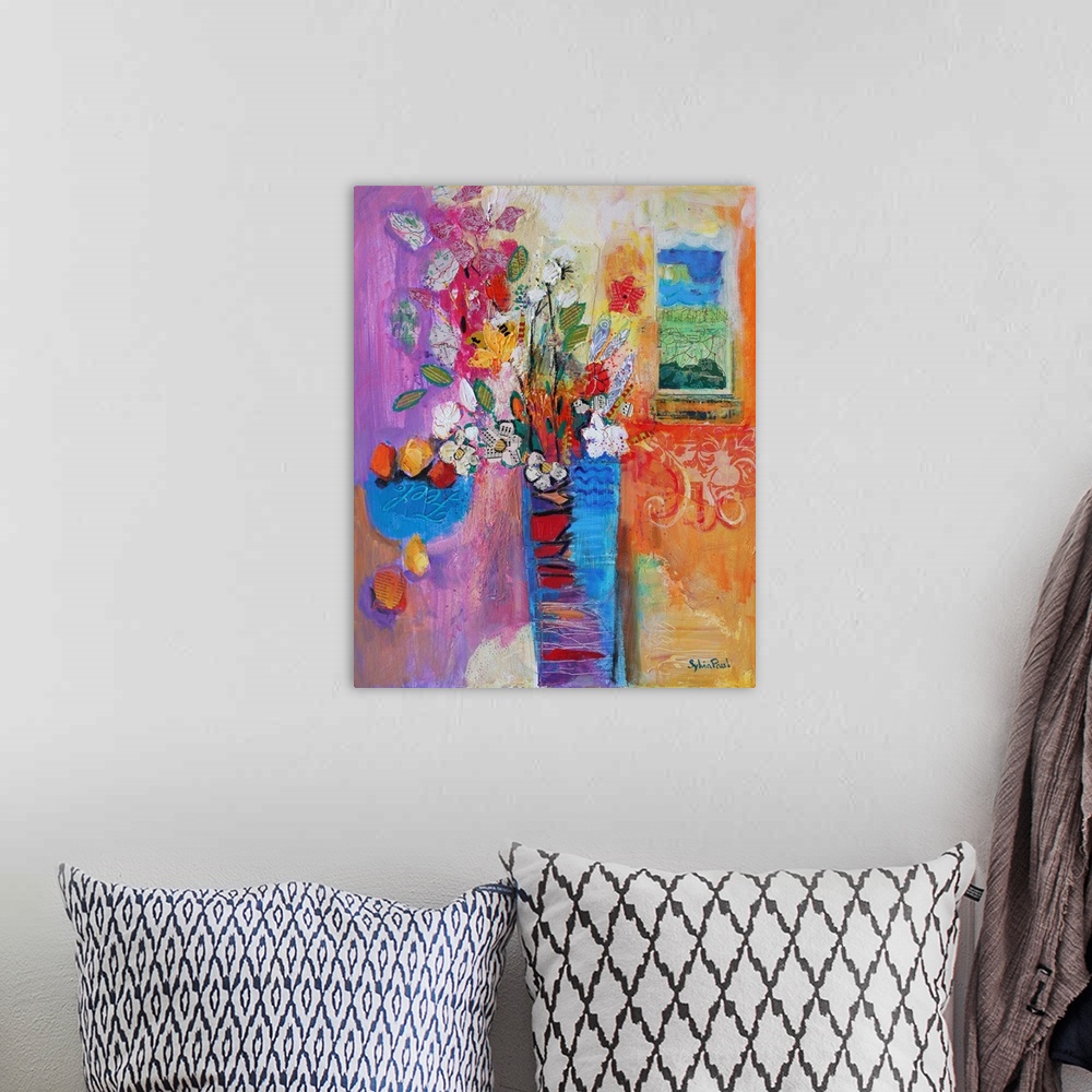 A bohemian room featuring Contemporary painting of a flower still-life.