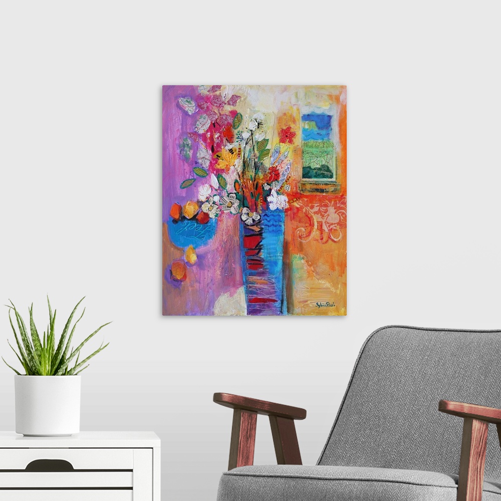 A modern room featuring Contemporary painting of a flower still-life.