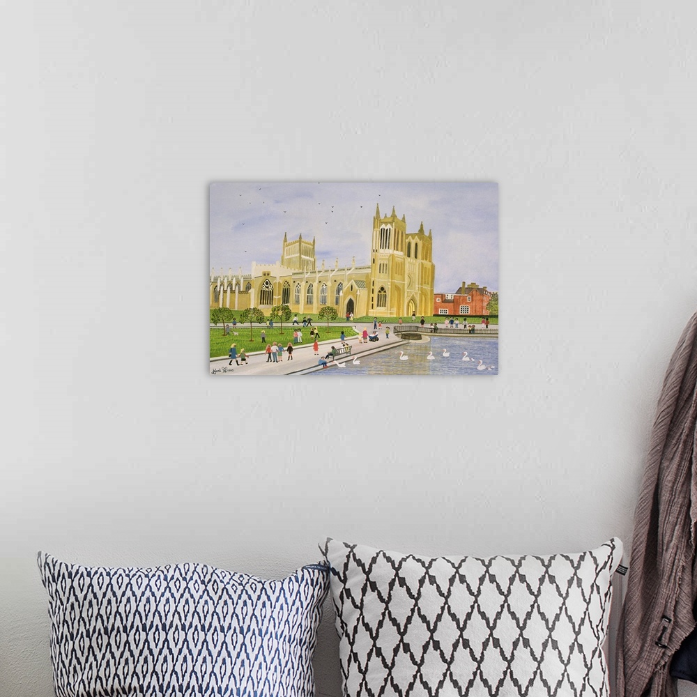 A bohemian room featuring Contemporary painting of people walking by a cathedral.