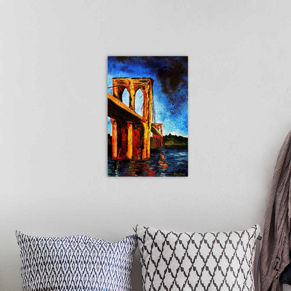 A bohemian room featuring Contemporary painting of the Brooklyn Bridge in New York City.