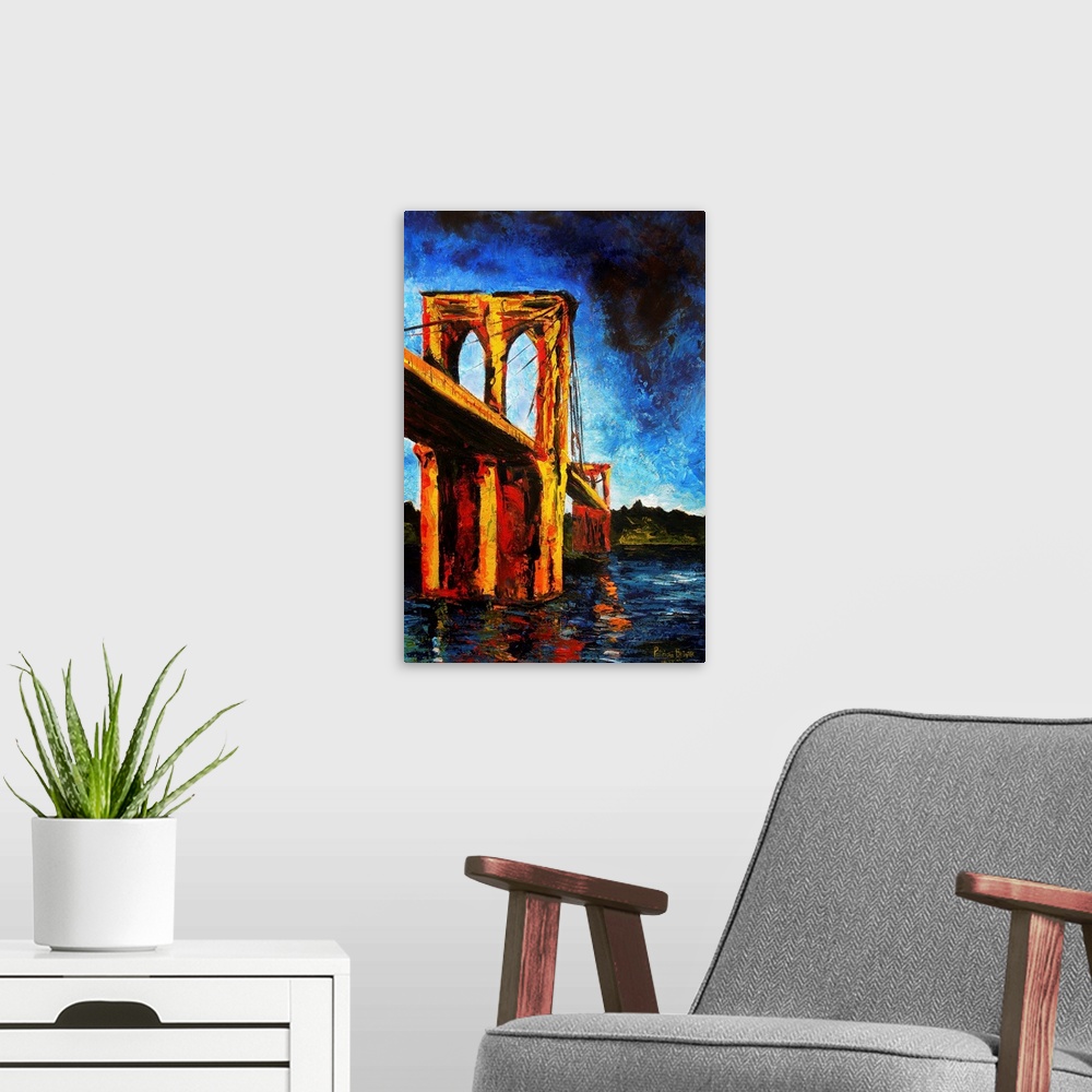A modern room featuring Contemporary painting of the Brooklyn Bridge in New York City.