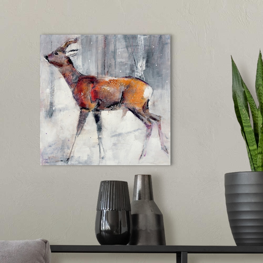 A modern room featuring Giant, square painting of a young buck walking through a winter landscape.