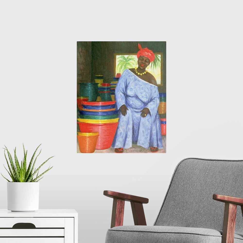 A modern room featuring An African woman sits in a room that is filled with colorful pots of all different sizes.