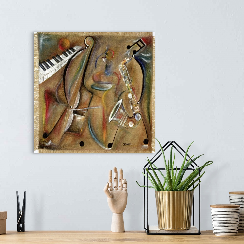 A bohemian room featuring Contemporary painting of multicolored musical instruments with a burlap texture.