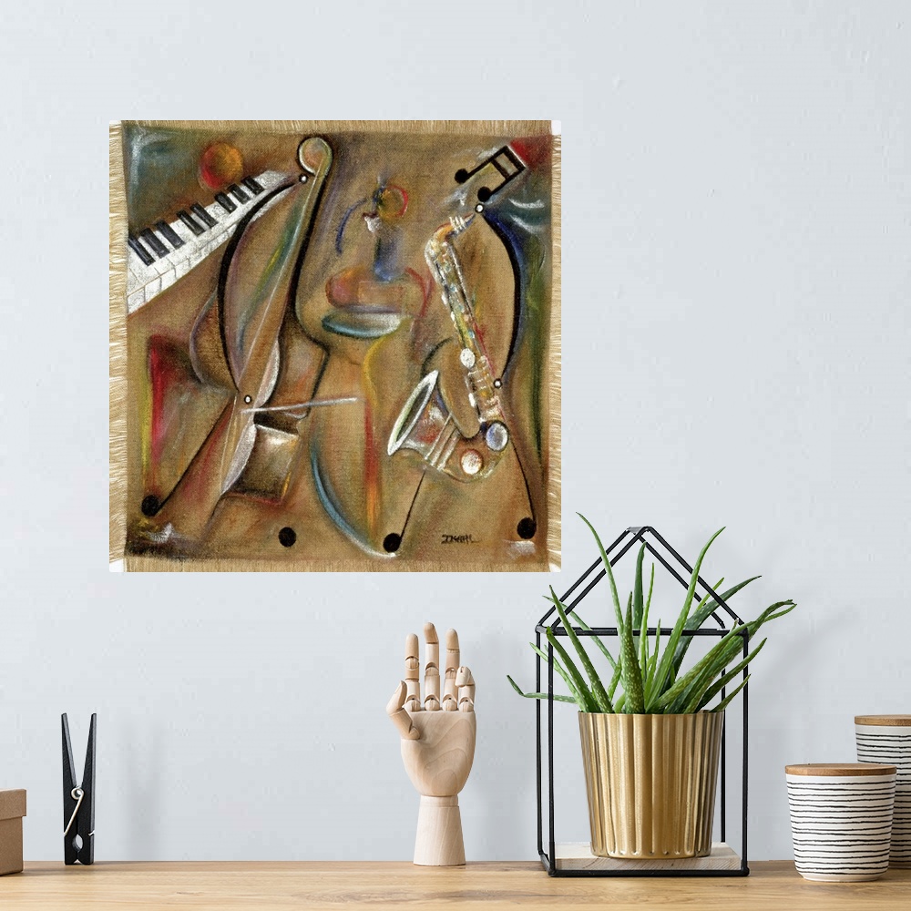 A bohemian room featuring Contemporary painting of multicolored musical instruments with a burlap texture.