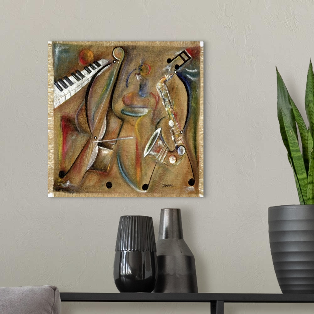 A modern room featuring Contemporary painting of multicolored musical instruments with a burlap texture.