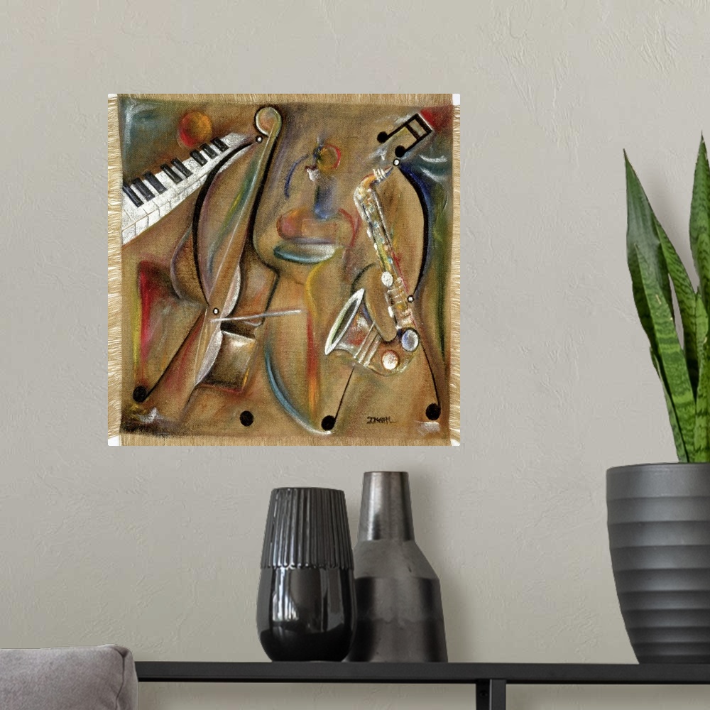 A modern room featuring Contemporary painting of multicolored musical instruments with a burlap texture.