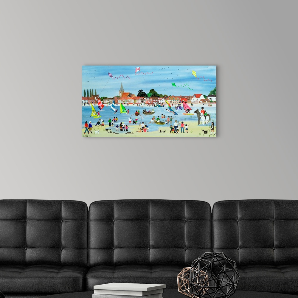 A modern room featuring Contemporary painting of a beach full of people in the summer.