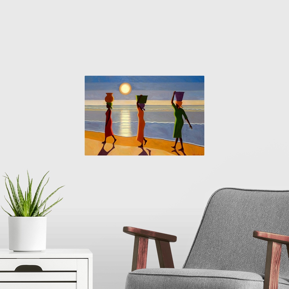 A modern room featuring Large, horizontal oil painting of three women in dresses carrying baskets on their heads along a ...