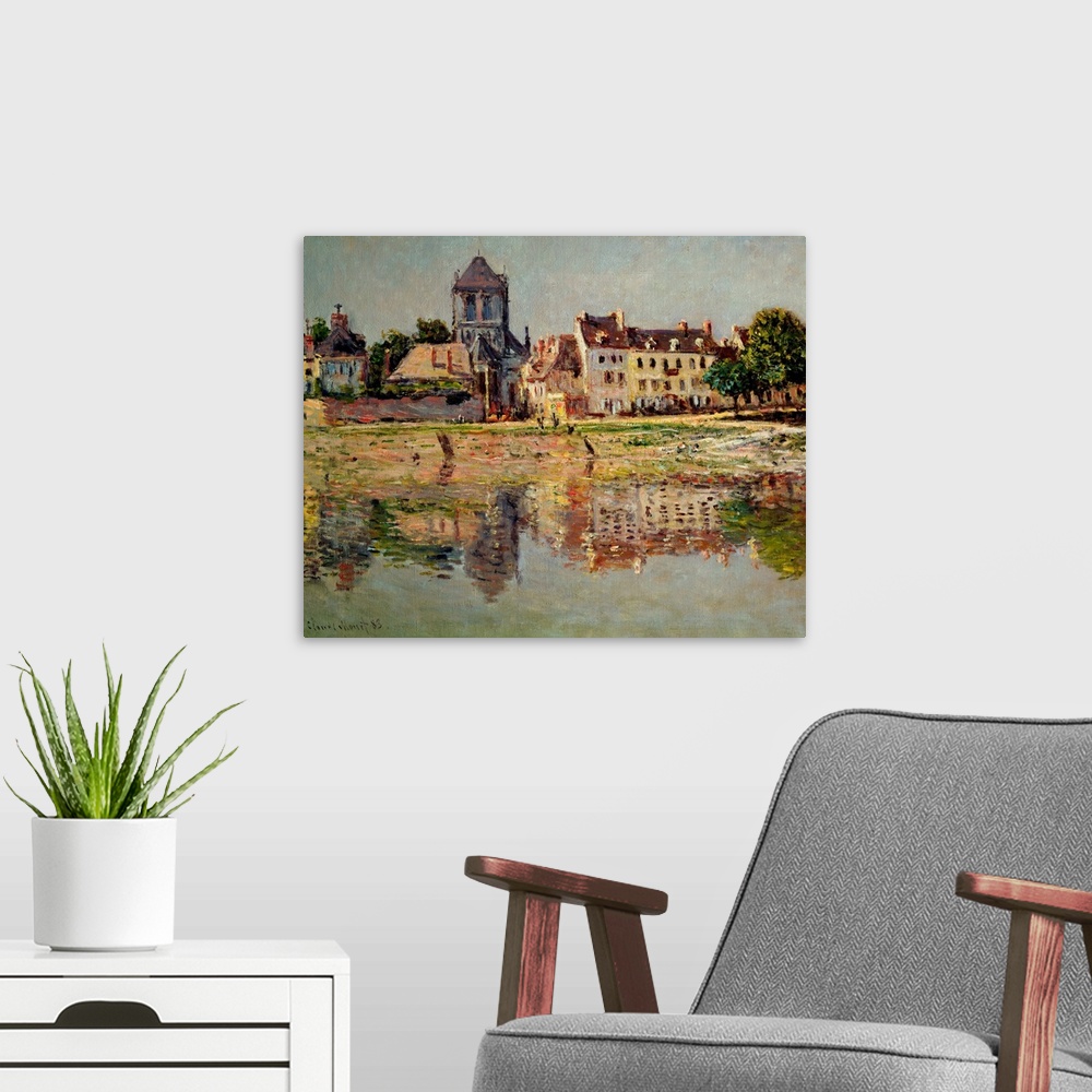 A modern room featuring A piece of classic artwork that is a painting of homes lining a body of water that can be seen re...